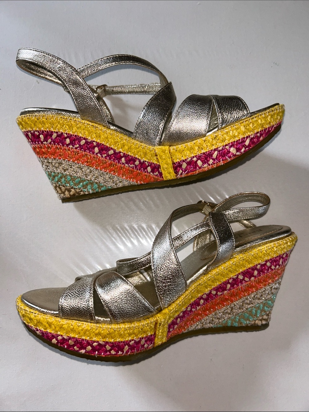 NWOB Eric Javits Strappy Metallic Gold Braided Raffia Fiesta Wedge Sandals